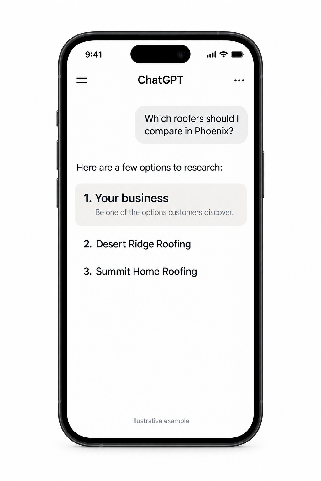Illustrative ChatGPT-style phone conversation about Phoenix roofers, with Your business highlighted as an option.
